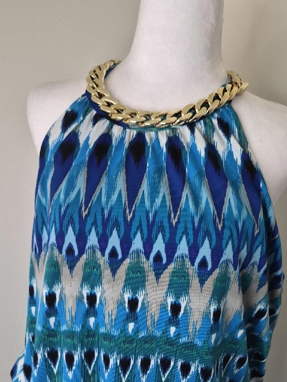 Covington Blue Teal Print Dress with Gold Chain Detail Size XL